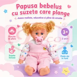 Papusa care plange cand suzeta este scoasa, jucarie educativa, 30 cm , 3 ani+