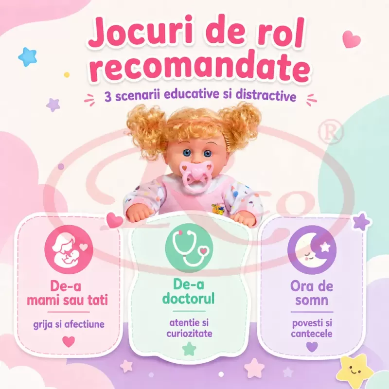 Papusa care plange cand suzeta este scoasa, 30 cm , 3 ani+