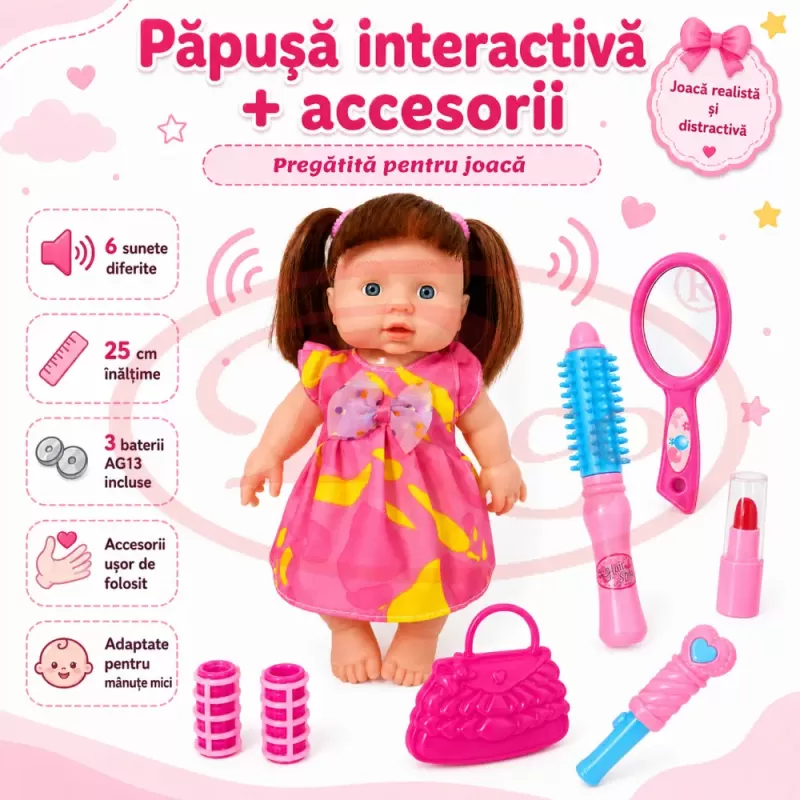 Set pentru copii cu papusa interactiva de 25 cm, carucior landou cu structura metalica si accesorii