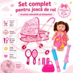 Set papusa interactiva RCO cu 6 sunete, carucior landou si accesorii, 10 piese, 3 ani+