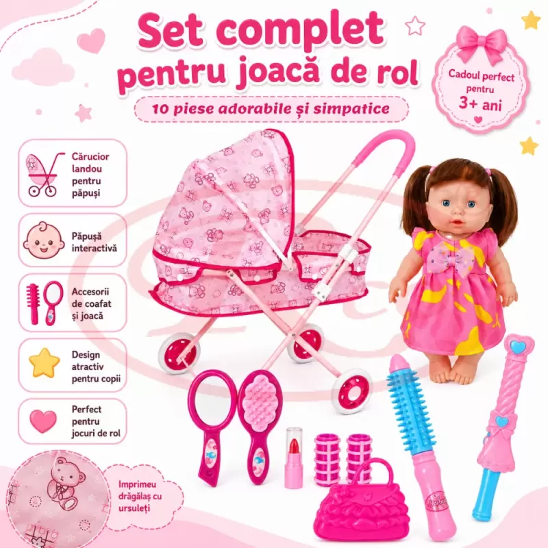 Set pentru copii cu papusa interactiva de 25 cm, carucior landou cu structura metalica si accesorii