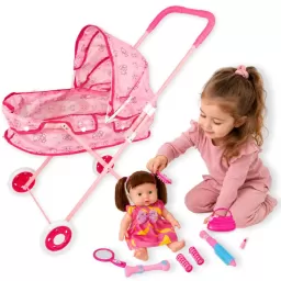 Set papusa interactiva RCO cu 6 sunete, carucior landou si accesorii, 10 piese, 3 ani+