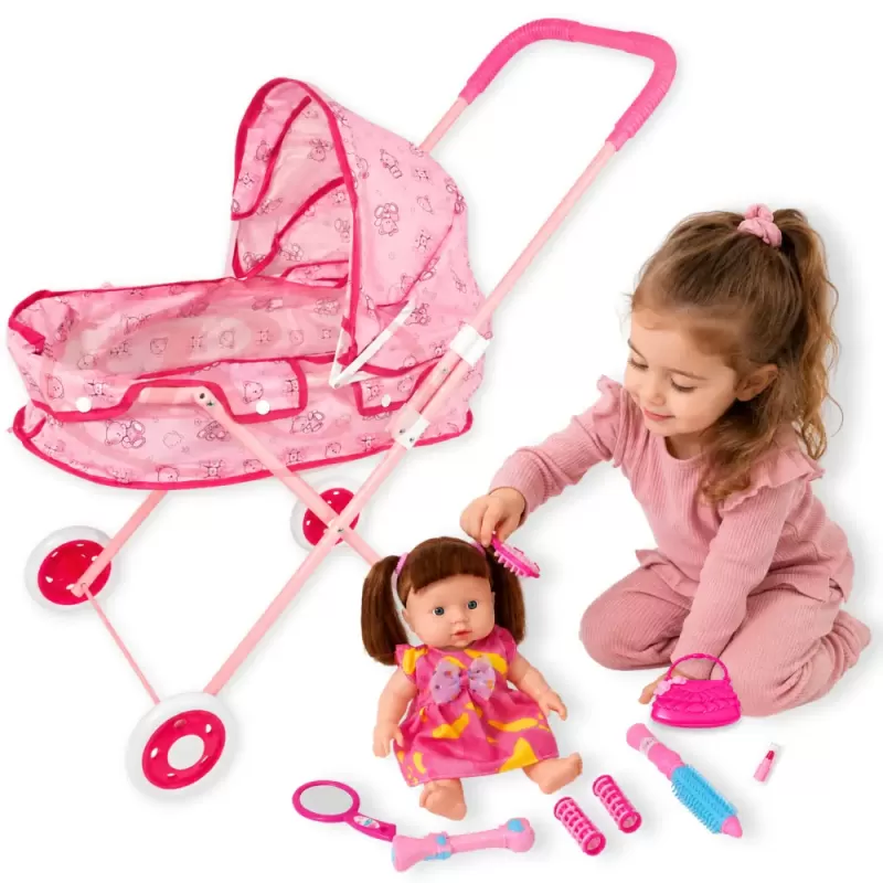 Set pentru copii cu papusa interactiva de 25 cm, carucior landou cu structura metalica si accesorii
