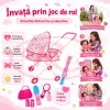 Set pentru copii cu papusa interactiva de 25 cm, carucior landou cu structura metalica si accesorii
