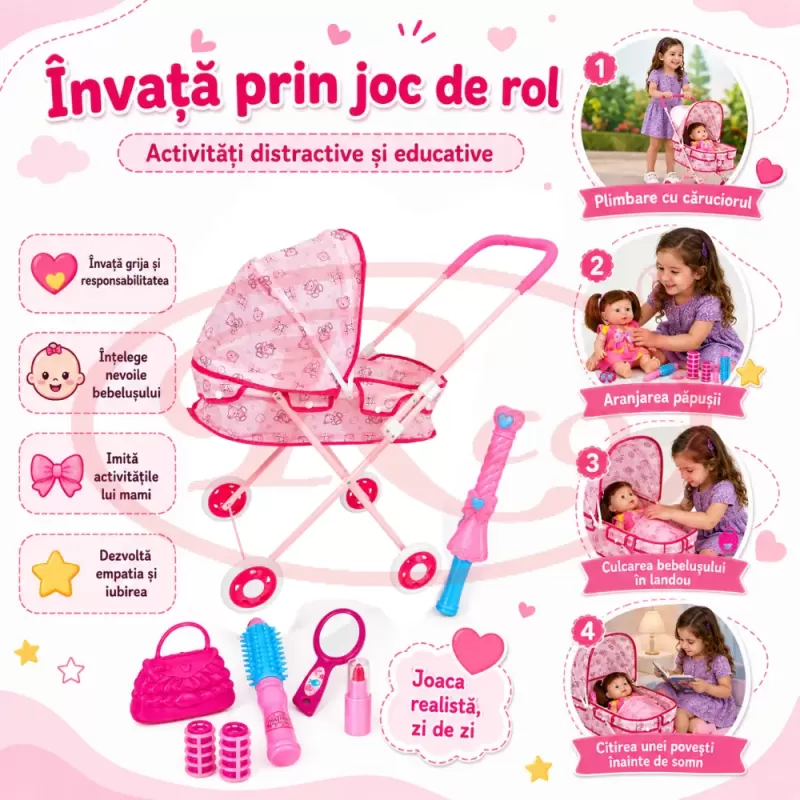 Set pentru copii cu papusa interactiva de 25 cm, carucior landou cu structura metalica si accesorii