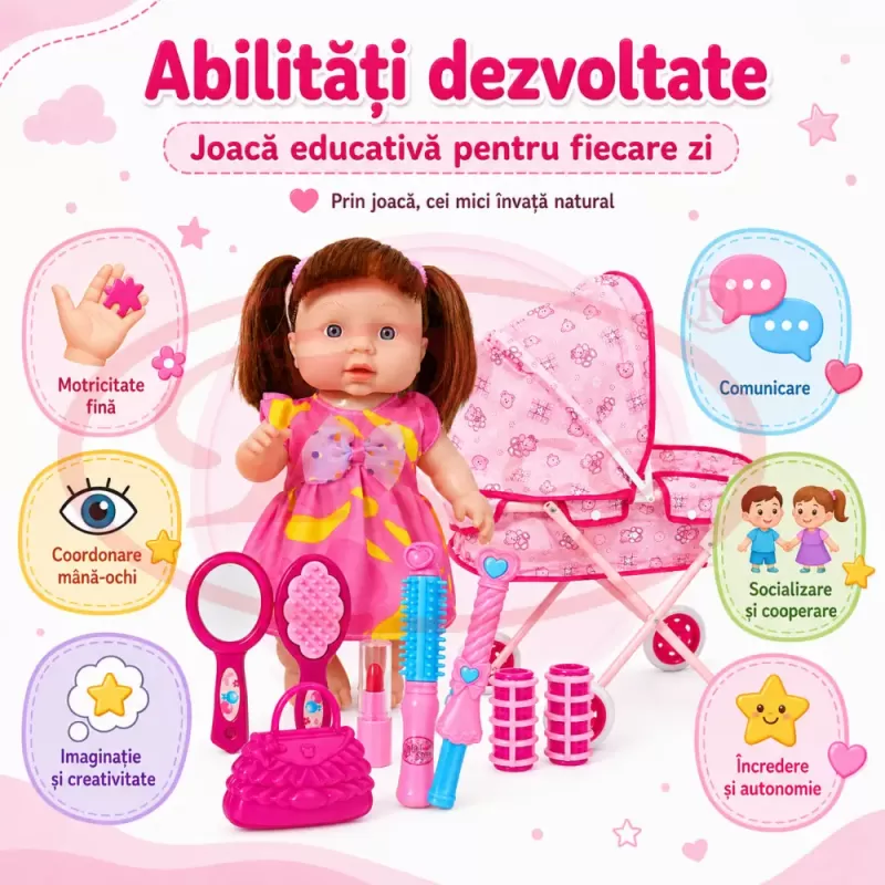 Set pentru copii cu papusa interactiva de 25 cm, carucior landou cu structura metalica si accesorii