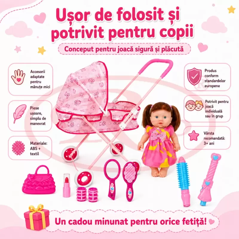 Set pentru copii cu papusa interactiva de 25 cm, carucior landou cu structura metalica si accesorii