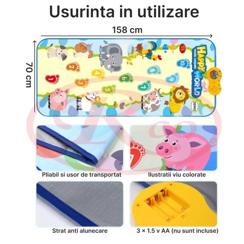 Covor muzical 158 x 70 cm, cu 28 de sunete si melodii, oprire automata, volum ajustabil si atingere tactila, educativ si interactiv