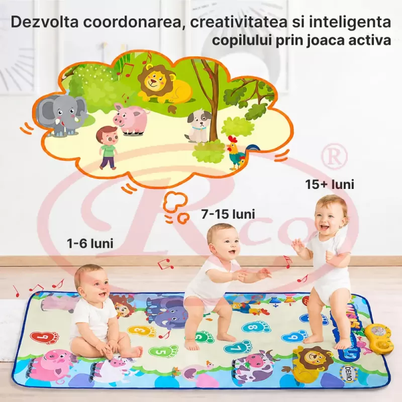 Covor muzical 158 x 70 cm, cu 28 de sunete si melodii, oprire automata, volum ajustabil si atingere tactila, educativ si interactiv