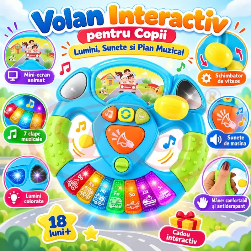 Volan interactiv pentru copii cu lumini, sunete de masina si pian muzical cu 7 clape