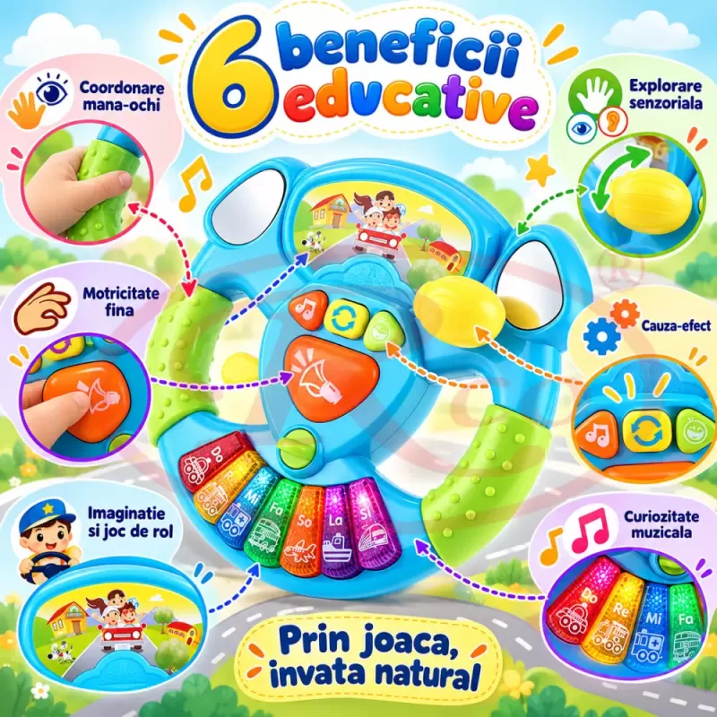 Volan interactiv pentru copii cu lumini, sunete de masina si pian muzical cu 7 clape