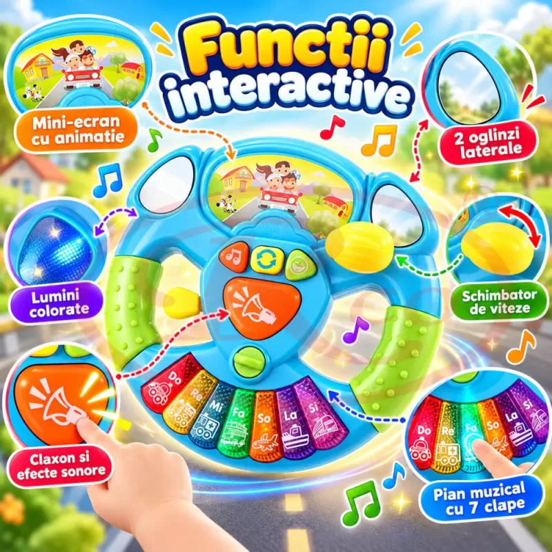 Volan interactiv pentru copii cu lumini, sunete de masina si pian muzical cu 7 clape