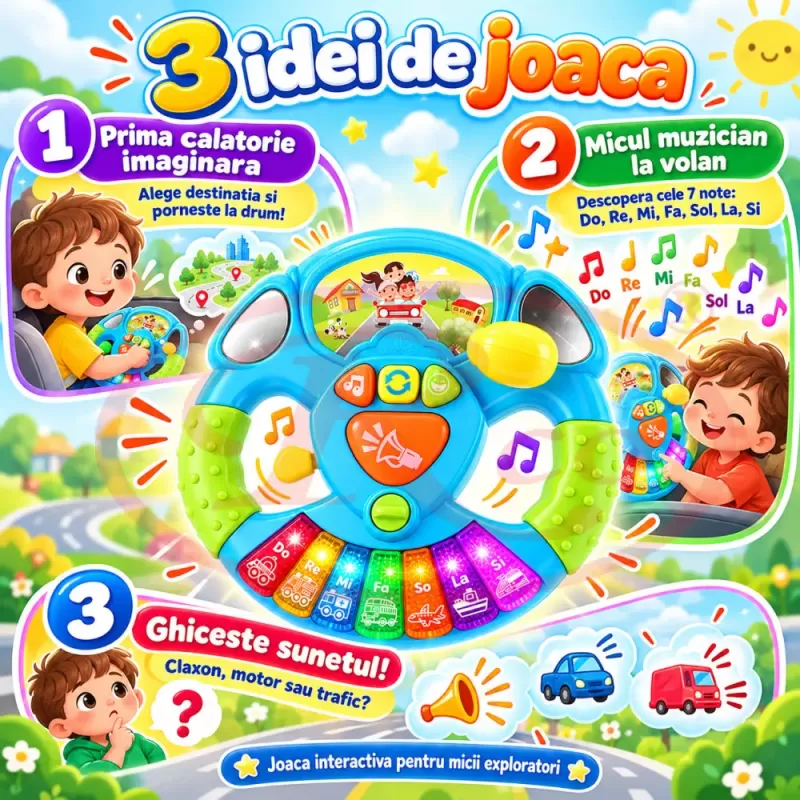 Volan interactiv pentru copii cu lumini, sunete de masina si pian muzical cu 7 clape