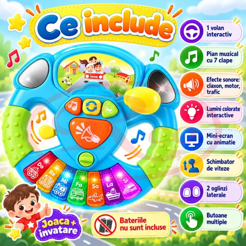 Volan interactiv pentru copii cu lumini, sunete de masina si pian muzical cu 7 clape