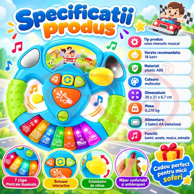 Volan interactiv pentru copii cu lumini, sunete de masina si pian muzical cu 7 clape