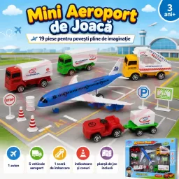 Set RCO tematic aeroport cu avion, vehicule si indicatoare, 19 piese