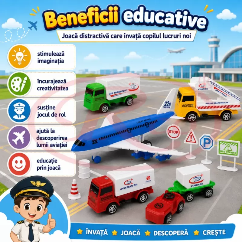Set mini aeroport pentru copii cu avion, vehicule de serviciu, indicatoare, conuri si plansa de joc