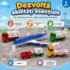 Set mini aeroport pentru copii cu avion, vehicule de serviciu, indicatoare, conuri si plansa de joc