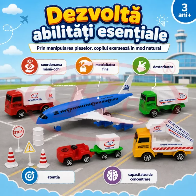 Set mini aeroport pentru copii cu avion, vehicule de serviciu, indicatoare, conuri si plansa de joc