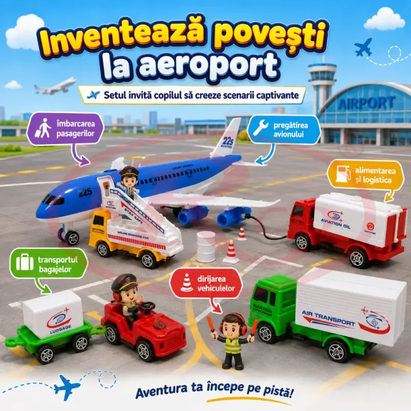 Set mini aeroport pentru copii cu avion, vehicule de serviciu, indicatoare, conuri si plansa de joc