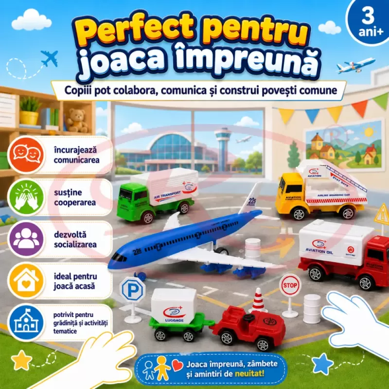 Set mini aeroport pentru copii cu avion, vehicule de serviciu, indicatoare, conuri si plansa de joc