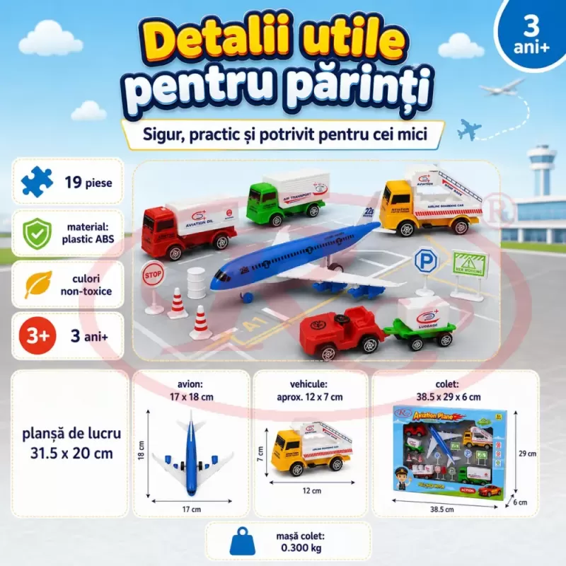 Set mini aeroport pentru copii cu avion, vehicule de serviciu, indicatoare, conuri si plansa de joc