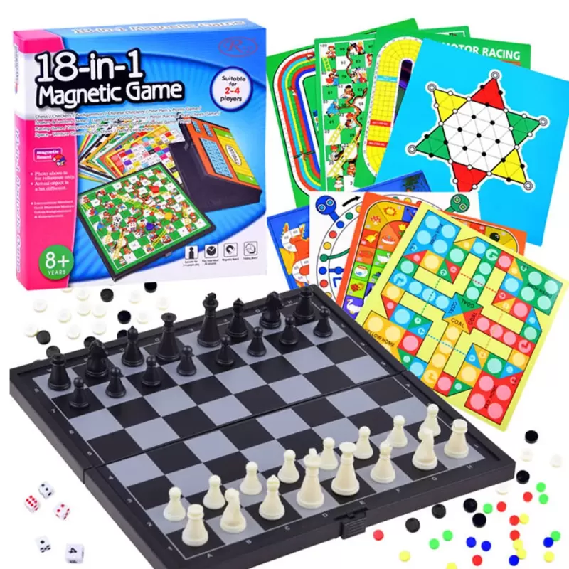 Set Jocuri de Societate Clasice 18 in 1, educative pentru copii, 2-4 jucatori, 8+ani