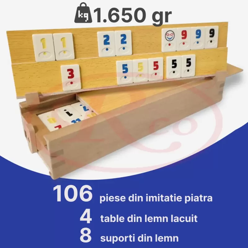 Joc Remi/Rummy RCO® – Set clasic in cutie din lemn, piese din piatra (compozit)