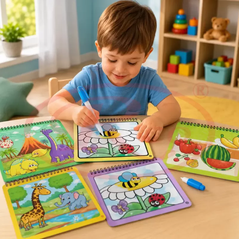Set 4 Carti de Colorat cu Apa, Reutilizabile, 4 Markere pe Baza de Apa, 4 Activitati Educative, 3+ Ani