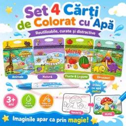 Set 4 Carti de Colorat cu Apa, Reutilizabile, 4 Markere pe Baza de Apa, 4 Activitati Educative, 3+ Ani
