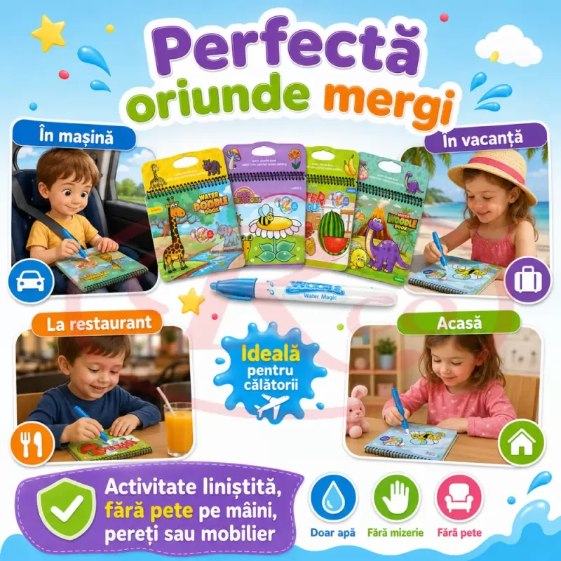Set 4 Carti de Colorat cu Apa, Reutilizabile, 4 Markere pe Baza de Apa, 4 Activitati Educative, 3+ Ani