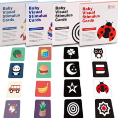 Set 64 carduri stimulare vizuala RCO cu 128 imagini alb negru si color pentru nou-nascuti, bebelusi si copii, cu varsta cuprinsa intre 0-36 luni