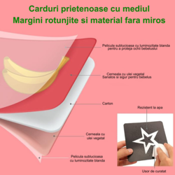 Set 64 carduri stimulare vizuala RCO cu 128 imagini alb negru si color pentru nou-nascuti, bebelusi si copii, cu varsta cuprinsa intre 0-36 luni