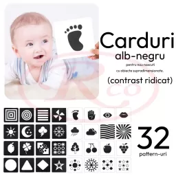 Set 16 carduri flash vizuale, stimulatoare, cu contraste, pentru bebelusi 0-3 luni, 32 imagini alb - negru