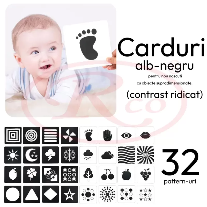 Set 16 carduri flash vizuale, stimulatoare, cu contraste, pentru bebelusi 0-3 luni, 32 imagini alb - negru