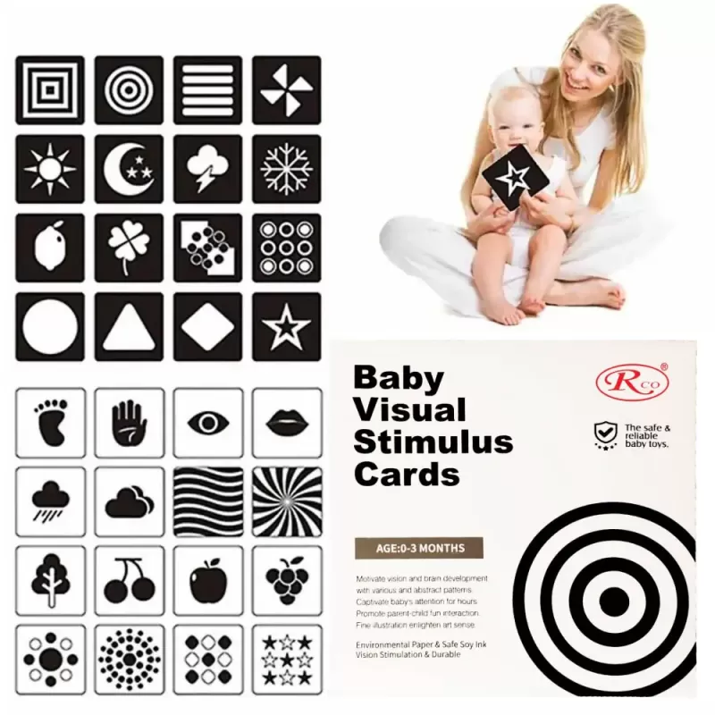 Set 16 carduri flash vizuale, stimulatoare, cu contraste, pentru bebelusi 0-3 luni, 32 imagini alb - negru