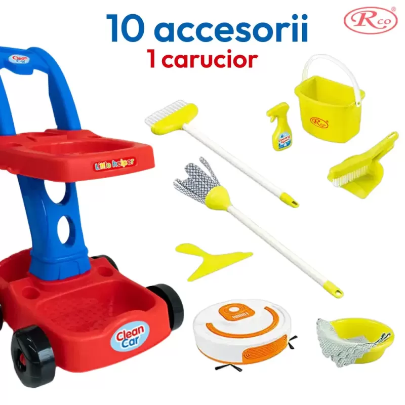 Set de curatenie pentru copii, carucior cu accesorii si aspirator, 11 piese, multicolor, 3+ ani