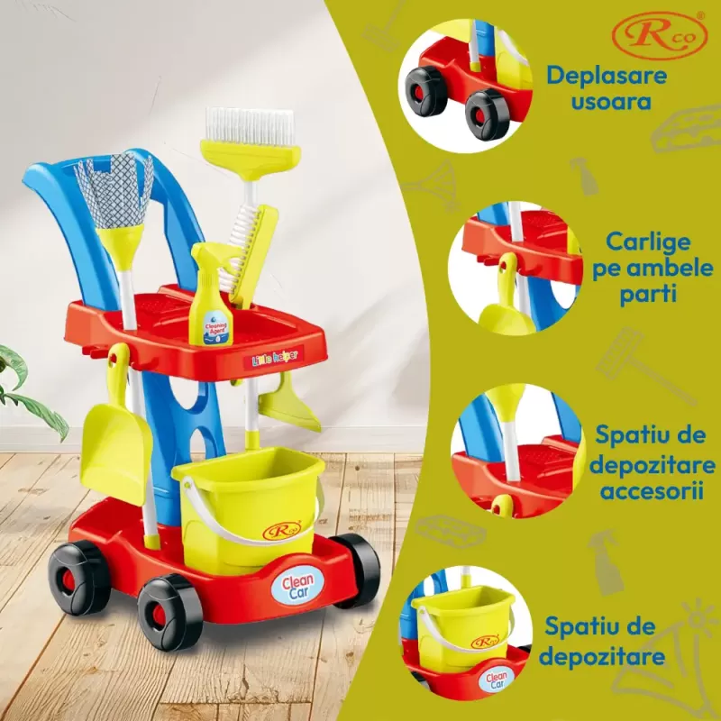Set de curatenie pentru copii, carucior cu accesorii si aspirator, 11 piese, multicolor, 3+ ani
