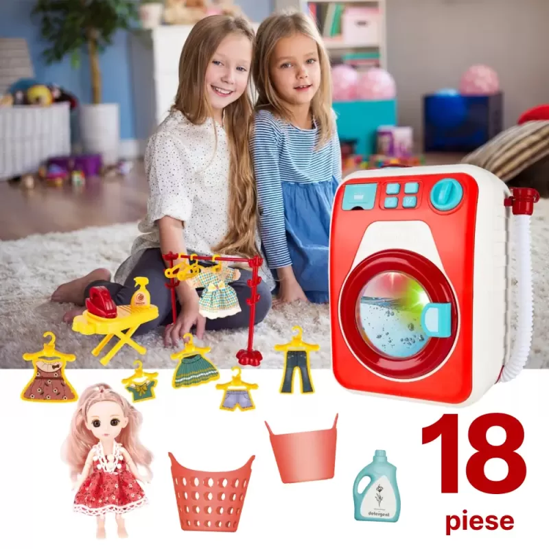 Masina de Spalat Interactiva cu Accesorii pentru Copii, 3 Programe, Lumini si Sunete 