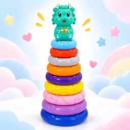 Jucarie educativa Montessori, Piramida multicolora cu 9 cercuri si dinozaur, 32 cm