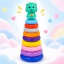 Jucarie educativa Montessori, Piramida multicolora cu 9 cercuri si dinozaur, 32 cm