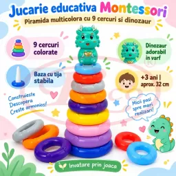 Jucarie educativa Montessori, Piramida multicolora cu 9 cercuri si dinozaur, 32 cm