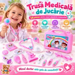 Trusa medicala de jucarie pentru copii, set doctor 14 piese cu stetoscop si valiza, roz, 3 ani+