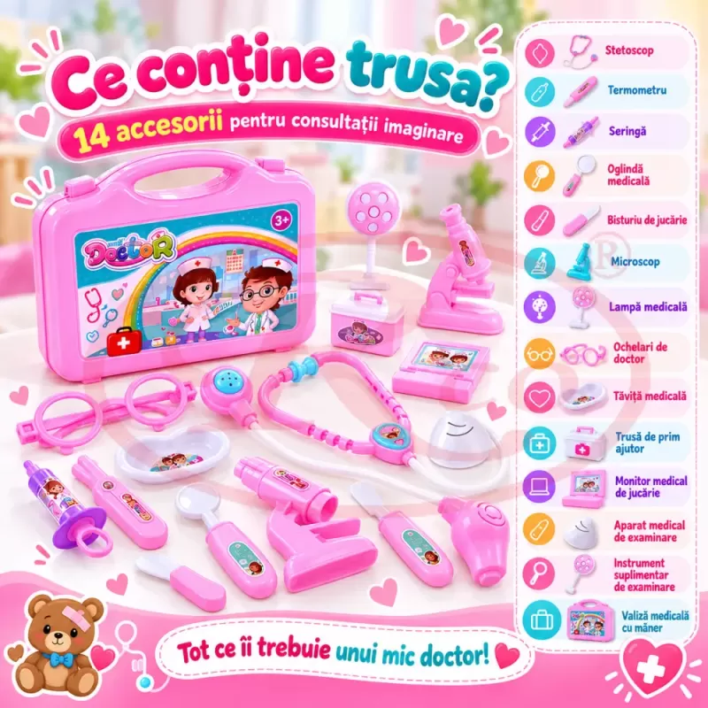 Trusa medicala de jucarie pentru copii, set doctor cu 14 piese, stetoscop si valiza