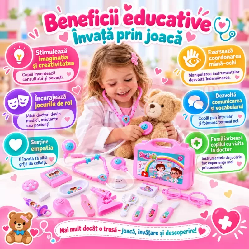Trusa medicala de jucarie pentru copii, set doctor cu 14 piese, stetoscop si valiza