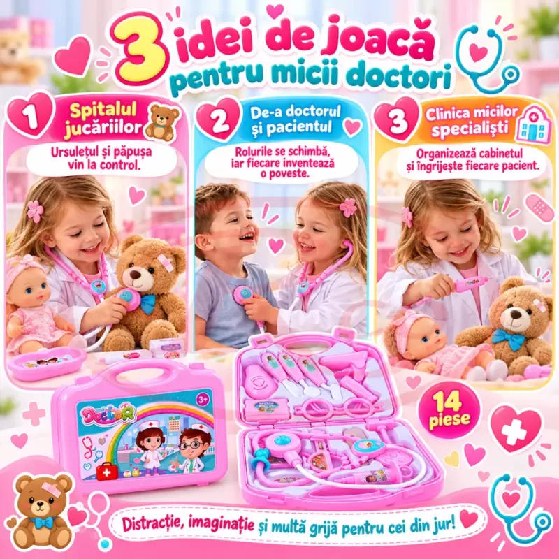 Trusa medicala de jucarie pentru copii, set doctor cu 14 piese, stetoscop si valiza