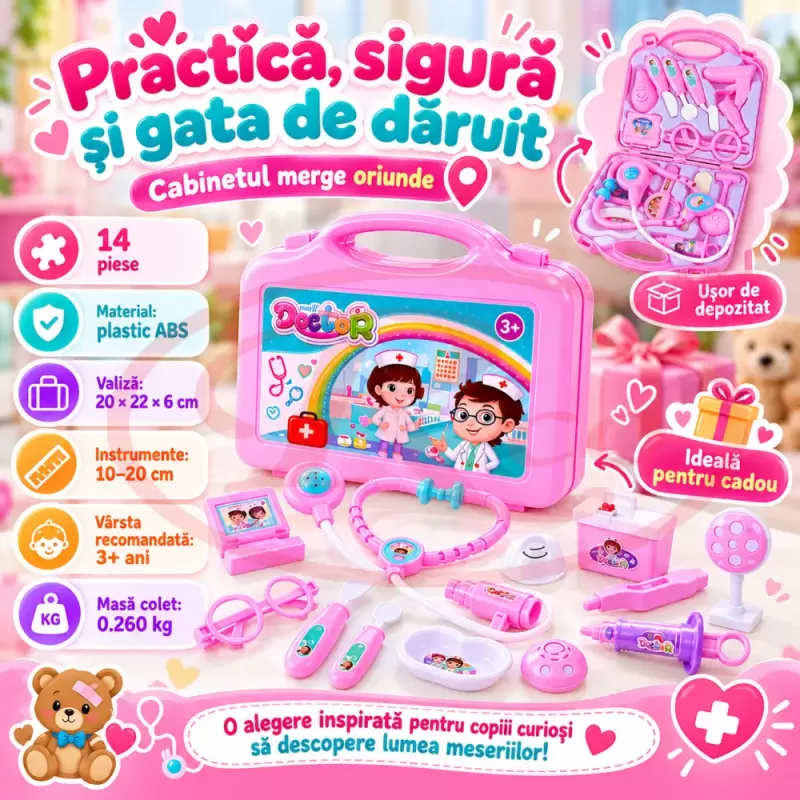 Trusa medicala de jucarie pentru copii, set doctor cu 14 piese, stetoscop si valiza