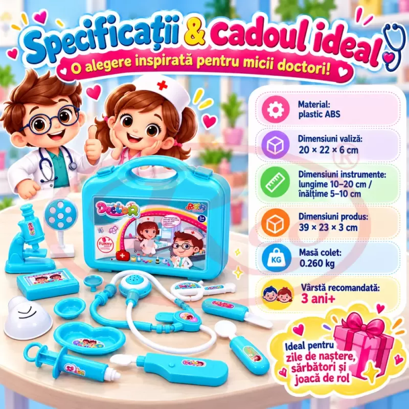 Trusa medicala de jucarie pentru copii, set doctor cu 14 piese, stetoscop si valiza