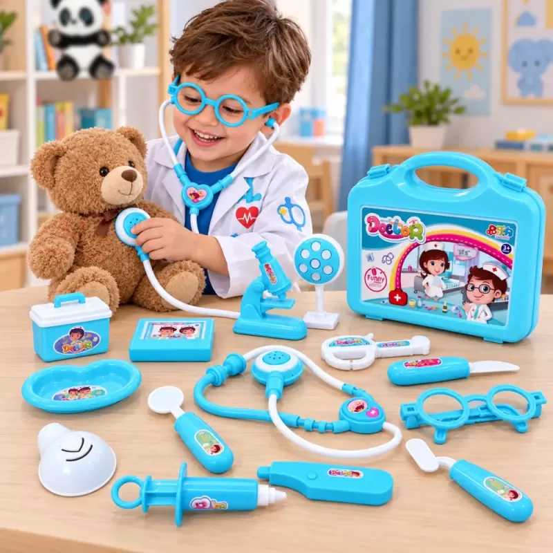 Trusa medicala de jucarie pentru copii, set doctor cu 14 piese, stetoscop si valiza