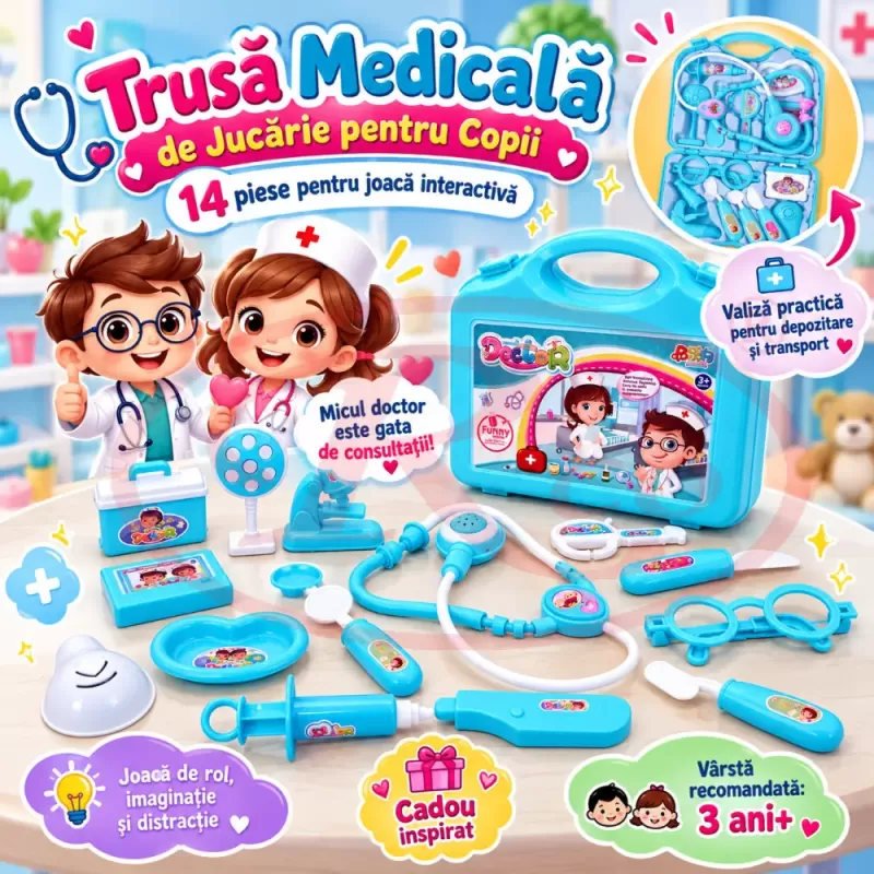 Trusa medicala de jucarie pentru copii, set doctor cu 14 piese, stetoscop si valiza